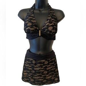 Kenneth Cole 2 piece sexy black lace Bikini halter top & swim skirt EUC size L